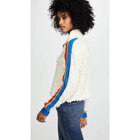 Free People Size XS Marshmallow Stripe Sweater Cream Deep Pile Rainbow Sleeve - Picture 6 of 16